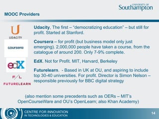 CENTRE FOR INNOVATION
IN TECHNOLOGIES & EDUCATION
Udacity, The first – “democratizing education” – but still for
profit. Started at Stanford.
Coursera – for profit (but business model only just
emerging). 2,000,000 people have taken a course, from the
catalogue of around 200. Only 7-9% complete.
EdX. Not for Profit. MIT, Harvard, Berkeley
Futurelearn. - Based in UK at OU, and aspiring to include
top 30-40 universities. For profit. Director is Simon Nelson –
responsible previously for BBC digital strategy
MOOC Providers
14
(also mention some precedents such as OERs – MIT’s
OpenCourseWare and OU’s OpenLearn; also Khan Academy)
 