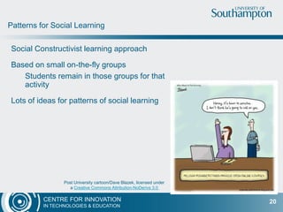 CENTRE FOR INNOVATION
IN TECHNOLOGIES & EDUCATION
There are some issues: who gets to do Business
101?
But the answer is in differentiation
Southampton intends to offer
Web Science and Oceanography
based MOOCs in its first offerings..
Collaboration within Futurelearn
20
 