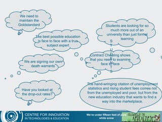 CENTRE FOR INNOVATION
IN TECHNOLOGIES & EDUCATION
7
We need to
maintain the
Goldstandard
The best possible education
is face to face with a true
subject expert
Students are looking for so
much more out of an
university than just formal
learning
Contract Cheating shows
that you need to examine
face to face
The hand-wringing citation of unemployment
statistics and rising student fees comes not
from the unemployed and poor, but from the
new education industry that wants to find a
way into the marketplace.
We are signing our own
death warrants
Have you looked at
the drop-out rates?
We’re under fifteen feet of pure
white snow
 