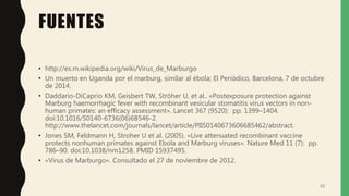 FUENTES
• http://es.m.wikipedia.org/wiki/Virus_de_Marburgo
• Un muerto en Uganda por el marburg, similar al ébola; El Periódico, Barcelona, 7 de octubre
de 2014.
• Daddario-DiCaprio KM, Geisbert TW, Ströher U, et al.. «Postexposure protection against
Marburg haemorrhagic fever with recombinant vesicular stomatitis virus vectors in non-
human primates: an efficacy assessment». Lancet 367 (9520): pp. 1399–1404.
doi:10.1016/S0140-6736(06)68546-2.
http://www.thelancet.com/journals/lancet/article/PIIS0140673606685462/abstract.
• Jones SM, Feldmann H, Stroher U et al. (2005). «Live attenuated recombinant vaccine
protects nonhuman primates against Ebola and Marburg viruses». Nature Med 11 (7): pp.
786–90. doi:10.1038/nm1258. PMID 15937495.
• «Virus de Marburgo». Consultado el 27 de noviembre de 2012.
10
 