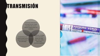 TRANSMISIÓN
La transmisión interhumana es
la principal forma de contagio
de la gente. Esto ocurre al
entrar en contacto cercano con
el enfermo.
En particular, el contagio
se da a través de los
líquidos del cuerpo:
sangre, saliva, vómito,
heces, orina y
secreciones respiratorias.
La transmisión por vía
sexual es posible durante
varias semanas después
de la enfermedad
8
 
