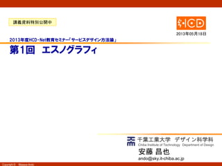 Copyright © Masaya Ando
千葉工業大学 デザイン科学科
Chiba Institute of Technology Department of Design
安藤 昌也
ando@sky.it-chiba.ac.jp
第1回 エスノグラフィ
2013年05月18日
2013年度HCD-Net教育セミナー「サービスデザイン方法論」
講義資料特別公開中
 