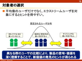 Copyright © Masaya Ando
19
対象者の選択
 平均像のユーザだけでなく、エクストリームユーザを対
象にするとヒントを得やすい。
想定されるユーザ分布
一般的な（想定内の）
使い方をする人
すごくニッチな
使い方をする人
（持ってても）全く
使っていない人
異なる群のユーザの比較により、製品の意味・価値を
深く理解することで、新価値の発見のヒントが得られる
 