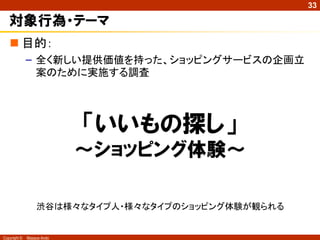 Copyright © Masaya Ando
33
対象行為・テーマ
「いいもの探し」
～ショッピング体験～
 目的：
– 全く新しい提供価値を持った、ショッピングサービスの企画立
案のために実施する調査
渋谷は様々なタイプ人・様々なタイプのショッピング体験が観られる
 
