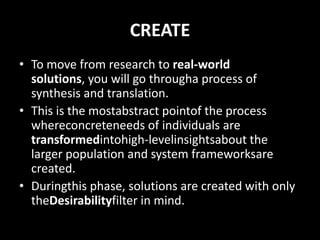 CREATE THEORYSynthesistakesus from inspiration to ideas, from storiestosolutions.Brainstorming makes usthinkexpansively and withoutconstraints.Prototypingis aboutbuilding to think.