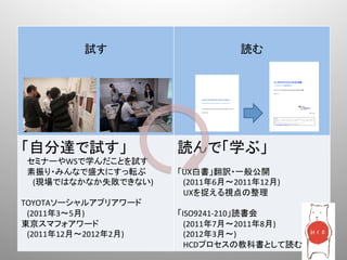                         	
  
          試す	
                       読む	




「自分達で試す」	
                読んで「学ぶ」	
  
 セミナーやWSで学んだことを試す	
       	
  
 素振り・みんなで盛大にすっ転ぶ	
        「UX白書」翻訳・一般公開	
  
  (現場ではなかなか失敗できない)	
       (2011年6月 2011年12月)	
  
	
                         UXを捉える視点の整理	
  
TOYOTAソーシャルアプリアワード	
      	
  
 (2011年3∼5月)	
            「ISO9241-­‐210」読書会	
  
東京スマフォアワード	
               (2011年7月 2011年8月)	
  
 (2011年12月∼2012年2月)	
      (2012年3月 )	
  
                           HCDプロセスの教科書として読む	
  
 