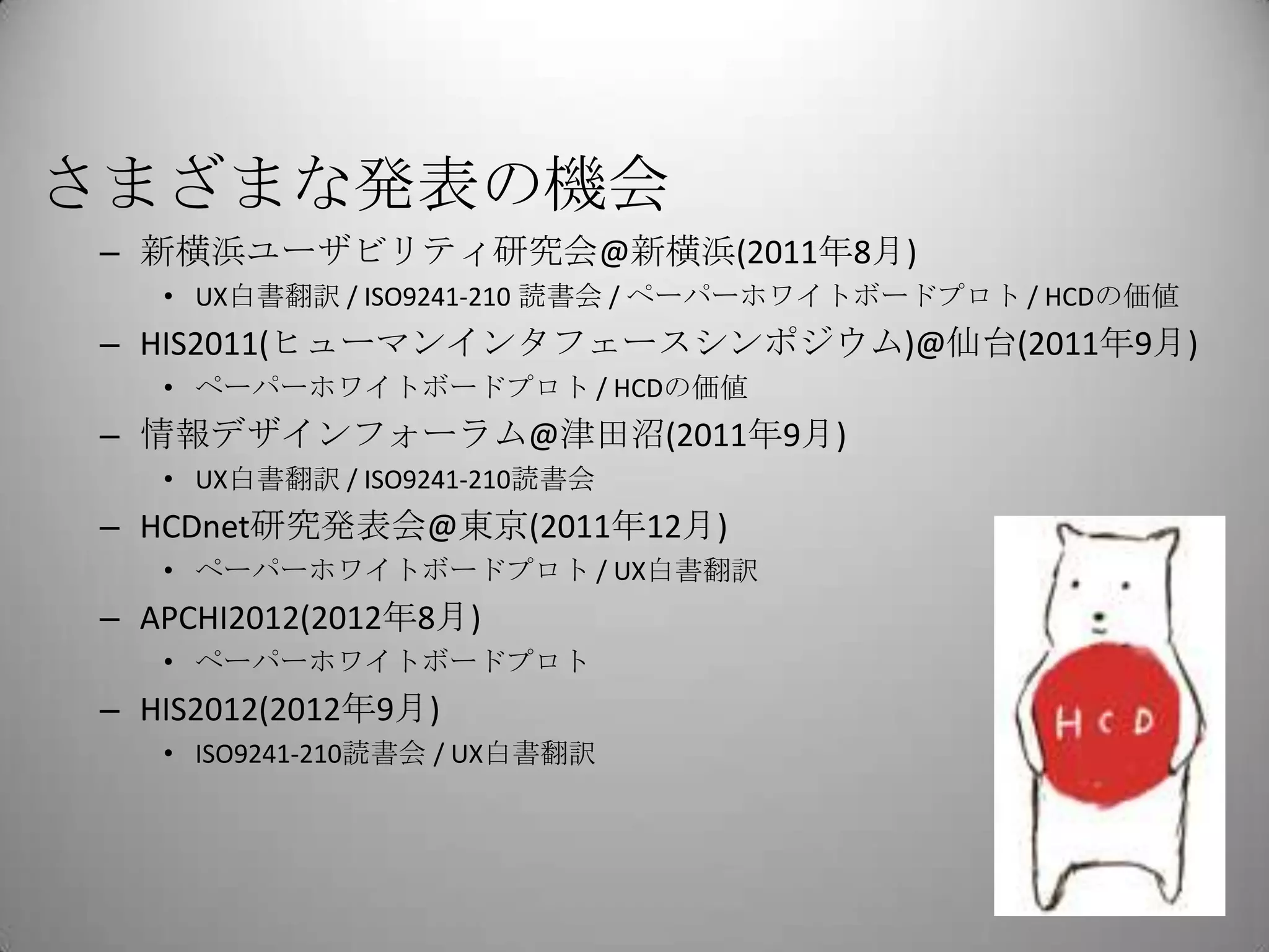 さまざまな発表の機会
 – 新横浜ユーザビリティ研究会@新横浜(2011年8月)
    • UX白書翻訳 / ISO9241-210 読書会 / ペーパーホワイトボードプロト / HCDの価値
 – HIS2011(ヒューマンインタフェースシンポジウム)@仙台(2011年9月)
    • ペーパーホワイトボードプロト / HCDの価値
 – 情報デザインフォーラム@津田沼(2011年9月)
    • UX白書翻訳 / ISO9241-210読書会
 – HCDnet研究発表会@東京(2011年12月)
    • ペーパーホワイトボードプロト / UX白書翻訳
 – APCHI2012(2012年8月)
    • ペーパーホワイトボードプロト
 – HIS2012(2012年9月)
    • ISO9241-210読書会 / UX白書翻訳
 