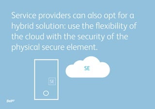 Service providers can also opt for a
hybrid solution: use the flexibility of
the cloud with the security of the
physical secure element.
SE
SE

 