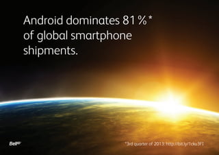 Android dominates 81%*
of global smartphone
shipments.

*3rd quarter of 2013: http://bit.ly/1cku3FI

 