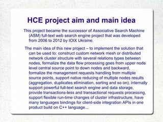 HCE project aim and main idea
This project became the successor of Associative Search Machine
(ASM) full-text web search e...