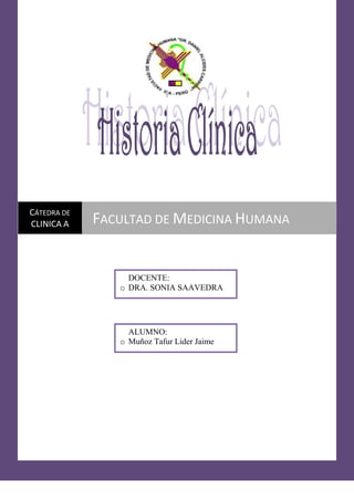 2027555-107950<br />ALUMNO: Muñoz Tafur Lider JaimeDOCENTE: DRA. SONIA SAAVEDRACátedra de CLINICA AFacultad de Medicina HumanaHISTORIA CLINICA<br />LUGAR: HOSPITAL REGIONAL DE ICA<br />SERVICIO: CIRUGIA<br />CAMA:  Nº 12<br />FILIACION<br />Nombre: Juan Carlos Quicaño Quispe<br />Edad: 29 años<br />Sexo: masculino<br />Raza: meztiza<br />Estado civil: conviviente<br />Ocupación: mototaxista, pintor<br />Religión: católica<br />Grado de instrucción: 3° secundaria<br />Idioma: castellano<br />Fecha de nacimiento: 06/12/1980<br />Lugar de nacimiento: Ica<br />Domicilio actual:  La Palma L-25<br />Fecha de ingreso: 27/08/10<br />Fecha de historia clínica:01/09/10<br />ENFERMEDAD ACTUAL<br />Motivo de consulta: estreñimiento, dolor abdominal, vómitos, flatulencia, borborismo,  eructos malolientes, malestar general.<br />Tiempo de enfermedad: 2 semanas.<br />El inicio fue insidioso y curso progresivo.<br />Relato de la enfermedad: paciente que refiere padecer de estreñimiento hace 2 años, acude por presentar  hace 2 semanas, después de haber consumido cerveza en regular cantidad y pollo a la brasa, estreñimiento con defecación escasa y dolorosa en forma de bolitas, dolor en epigastrio, flatulencia, borborismo y eructos malolientes (2 veces), por lo que se administró enema evacuante, logrando cierta mejoría. <br />Hace 5 días acude de emergencia por dolor abdominal intenso, tipo cólico, malestar general, donde se administra enema y sintomáticos, del cual es derivado a consultorio externo al día siguiente.  <br />Al siguiente día (13° día) el dolor se intensificó y se irradió desde el epigastrio a los lados y región lumbar, sensación de plenitud abdominal con dificultad para eliminar gases, vómitos explosivos en gran cantidad, con restos alimenticios (3 veces) y eructos malolientes (1vez), por lo que acude al este establecimiento, en el cual según el examen clínico y exámenes auxiliares (radiografía abdominal) no se encontraba alteración.  Por la noche del mismo día tuvo u desmayo, por lo que se le repite la ecografía, encontrándose signos de obstrucción intestinal, confirmándose con ecografía abdominal, por lo que se interviene quirúrgicamente.<br />Actualmente se encuentra en el segundo día post operado por obstrucción abdominal.<br />FUNCIONES BIOLOGICAS:<br />Hambre: disminuido.<br />Sed: disminuida <br />Orina: normal.<br />Heces: estreñimiento<br />Sueño: insomnio.<br />ANTECEDENTES<br />ANTECEDENTES PERSONALES GENERALES<br />Vivienda  de adobe, con 3 habitaciones y la habitan 4 personas. Cuenta con los servicios sanitarios básicos. <br />Alimentación:<br />Desayuna: quaker, pan con mantequilla o aceituna.<br />Almuerza: caldo con segundo de menestras. A veces ensalada de verduras.<br />Cena.- salchipapa, te<br />Vestido: de acuerdo a sexo, edad, a  la estación y en condiciones de limpieza.<br />Hábitos: bebidas alcohólicas 1-2 veces por semana.<br />ANTECEDENTES PERSONALES FISIOLOGICOS<br />Gestación y parto: No recuerda<br />ANTECEDENTES PERSONALES PATOLOGIOS<br />Hospitalizado (2días) por estreñimiento el 21-08-2009, tratamiento médico<br />ANTECEDENTES FAMILIARES<br />Padres viven, divorciados, madre diabética. <br />Tiene 9 hermanos: 5 hombres y 4 mujeres. Hermano mayor tuvo TBC pulmonar, recibió tratamiento hace 6 años.<br />FUNCIONES VITALES<br />Temperatura: 37.0 °C<br />Presión arterial: 100/70 mm Hg<br />Frecuencia cardíaca: 82 lpm<br />Frecuencia respiratoria: 18 rpm<br />EXAMEN FÍSICO GENERAL<br />Paciente de sexo masculino, orientada en tiempo, espacio y persona, con vía intravenosa.<br />Actitud: decúbito dorsal facultativo<br />Constitución pícnica.<br />Buen estado de nutrición e hidratación.<br />Piel: oscura de acuerdo a su raza, un poco fría, tibia, elasticidad normal, de consistencia suave y lisa. <br />Cabello: cabello corto, negro, de distribución e implantación fuerte. Vello axilar  y pubiano de distribución adecuada a sexo.<br />Uñas: <br />Manos: pálidas, cortas, llenado capilar ungueal lento.<br />Pies: gruesas, secas, largas, manchadas, de llenado capilar ungueal lento.<br />TCS: de mayor distribución abdominal, en brazos y piernas. <br />SOMA: De movimientos activos y pasivos. Trofismo muscular conservado, fuerza muscular disminuida y tono muscular normal.<br />Sistema Linfático: sin alteraciones.<br /> EXAMEN FÍSICO REGIONAL<br />CABEZA<br />Cráneo: normocráneo, simétrico. Cabello  corto, implantación fuerte de distribución masculina.<br />Cara: frente grande, con arrugas. Cejas simétricas, color negro bien pobladas. Párpados simétricos y conjuntivas normales. Pestañas cortas, delgadas, color negro. Escleróticas blancas. Córneas transparentes. Pupilas simétricas, isocóricas reactivas, reflejo fotomotor, consensual y de acomodación conservado. Nariz recta, fosas nasales permeables y sin secreción. Orejas simétricas, conducto auditivo permeable. Boca grande, simétrica, con labios delgados, húmedos,  lengua pequeña, color rosada.<br />Cuello: simétrico, corto, móvil, ancho, adecuada elasticidad de la piel. Glándula tiroides sin alteraciones.<br />TÓRAX<br />Inspección: <br />Estática: simétrico, con hipotrofia de la glándulas mamarias y aumento de TCS. Respiración torácica. <br />Dinámica: respiración rítmica y profundidad normal. <br />Palpación: Expansión normal, elasticidad normal, vibraciones locales normales en ambos campos pulmonares. <br />Percusión:  sonoridad normal en ambos campos pulmonares. <br />Auscultación: murmullo vesicular pasa bien, no ruidos agregados.<br />REGIÓN PRECORDIAL<br />Inspección: Sin deformaciones. No se observa choque de punta. <br />Palpación: piel tibia.<br />Auscultación: ruidos rítmicos y de frecuencia e intensidad normal. No se oye ruidos agregados, soplos ni frote pericárdico.<br />ABDOMEN: <br />Inspección: blando, depresible, simétrico. cicatriz umbilical normal, dos heridas a la altura de la cicatriz umbilical de 3-4 cm, con gasa.<br />Palpación superficial dolor en todo el abdomen,  Puntos dolorosos no se examinan.<br />Percusión: sub matidez<br />Auscultación: ruidos aéreos 3-4 por minuto.<br />GENITOURINARIO: Puntos doloroso reno-ureterales superior y medio negativo. Puño percusión negativo.<br />NEUROLOGICO: estado de conciencia: lucida, orientada en tiempo espacio y persona, colaboradora, en decúbito lateral derecho. No hay evidencia de alteraciones mentales.<br />Actividad y fuerza muscular conservada, motilidad y tono muscular normal.<br />DX DE SIGNOS Y SÍNTOMAS<br />Síntomas<br />Malestar general<br />Dolor abdominal<br />Estreñimiento<br />Náuseas.<br />Signos<br />vómitos<br />Flatulencia<br />Borborismo<br />DX DE SINDROMES<br />Síndrome de obstrucción intestinal<br />Estreñimiento <br />DX PRESUNTIVO<br />Estreñimiento<br />Torsión intestinal<br />Obstrucción intestinal<br />Íleo paralitico<br />Post operado por obstrucción intestinal<br />PLAN DE TRATAMIENTO<br />Intervención quirúrgica<br />Antibióticos: metronidazol 500mg C/12h x 7dias, clindaminina 300mg c/8 h x 10 días<br />Reposo gástrico<br />Alimentos líquidos al 3er días<br />Curación de la herida<br />X.EXAMENES AUXILIARES.<br />Hemograma<br />Radiografía de abdomen<br />Ecografía<br />
