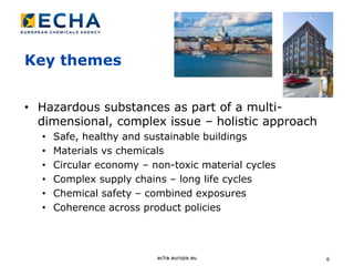 Key themes
• Hazardous substances as part of a multi-
dimensional, complex issue – holistic approach
• Safe, healthy and sustainable buildings
• Materials vs chemicals
• Circular economy – non-toxic material cycles
• Complex supply chains – long life cycles
• Chemical safety – combined exposures
• Coherence across product policies
6
 