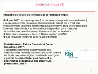18
Socio-juridique (3)
Interpelle les nouvelles frontières de la relation d’emploi
Supiot 2000 : les zones grises (Les nouveaux visages de la subordination)
« convergence entre l’activité professionnelle du salarié qui « n’est plus
nécessairement un simple rouage dépourvu d’initiative dans une organisation
fortement hiérarchisée » et le travailleur indépendant qui « n’est plus
nécessairement un entrepreneur libre comme bon lui semble »
Rôle des « nouveaux » tiers : B Gazier, rapport du CNIS
Les nouvelles frontières de la relation d’emploi
Christian Azaïs, Patrick Dieuaide et Donna
Kesselman, 2017:
« caractères lacunaires ou perméables des
institutions des marchés nationaux du travail comme
les fondements d’un régime possible de zone grise ,
« permet de caractériser plus finement la
dépendance économique des chauffeurs
prestataires Uber »
 