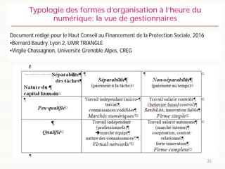 Document rédigé pour le Haut Conseil au Financement de la Protection Sociale, 2016
•Bernard Baudry, Lyon 2, UMR TRIANGLE
•Virgile Chassagnon, Université Grenoble Alpes, CREG
22
Typologie des formes d’organisation à l’heure du
numérique: la vue de gestionnaires
 