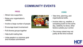 COMMUNITY EVENTS
PROS
• Attract new supporters
• Raise your organisation's
visibility.
• Involve a large number of people
• Encourage board involvement
• Pull diverse groups together
• Help build mailing lists
• Unite people in a common goal
and increase commitment
CONS
• Take time, planning, and
organisational skills.
• Involve risks e.g. weather, a
competing event on the same
day, celebrity no-show, other
factors outside your control
• The money raised may not
justify all the time involved
 