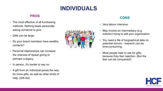 INDIVIDUALS
PROS
• The most effective of all fundraising
methods. Nothing beats personally
asking someone to give.
• Gifts can be large.
• Do your board members have wealthy
contacts?
• Personal relationships can increase
the chances of repeat giving or
perhaps a legacy
• In person, it's harder to say no.
• A gift from an individual paves the way
for more gifts, as well as other kinds of
help. (Gift Aid)
CONS
• Very labour intensive.
• May involve an intermediary (e.g.
solicitor) trying to sell your organisation
• You need a file of biographical data on
potential donors - research can be
time-consuming.
• Most people hate to ask for gifts,
because they fear rejection. (But the
fear can be conquered!)
 