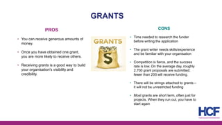 GRANTS
PROS
• You can receive generous amounts of
money.
• Once you have obtained one grant,
you are more likely to receiv...