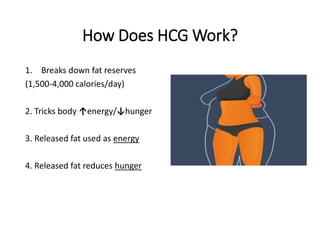 How Does HCG Work?
1. Breaks down fat reserves
(1,500-4,000 calories/day)
2. Tricks body ↑energy/↓hunger
3. Released fat used as energy
4. Released fat reduces hunger
 