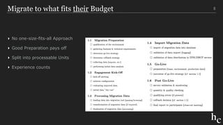 Migrate to what fits their Budget
▸ No one-size-fits-all Approach
▸ Good Preparation pays off
▸ Split into processable Units
▸ Experience counts
8
 