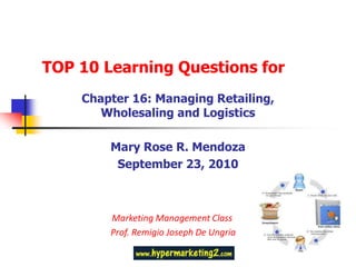 TOP 10 Learning Questions for Chapter 16: Managing Retailing, Wholesaling and Logistics Mary Rose R. Mendoza September 23, 2010 Marketing Management Class   Prof. Remigio Joseph De Ungria 