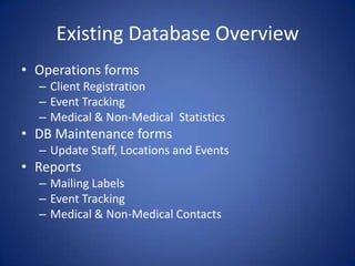 Existing Database OverviewOperations formsClient RegistrationEvent TrackingMedical & Non-Medical  StatisticsDB Maintenance formsUpdate Staff, Locations and EventsReportsMailing LabelsEvent TrackingMedical & Non-Medical Contacts