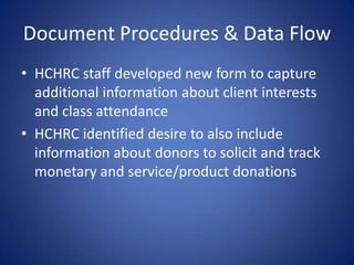 Document Procedures & Data FlowHCHRC staff developed new form to capture additional information about client interests and class attendanceHCHRC identified desire to also include information about donors to solicit and track monetary and service/product donations