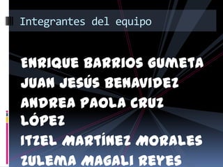 Integrantes del equipo


Enrique Barrios Gumeta
Juan Jesús Benavidez
Andrea Paola Cruz
López
Itzel Martínez Morales
Zulema Magali Reyes
 