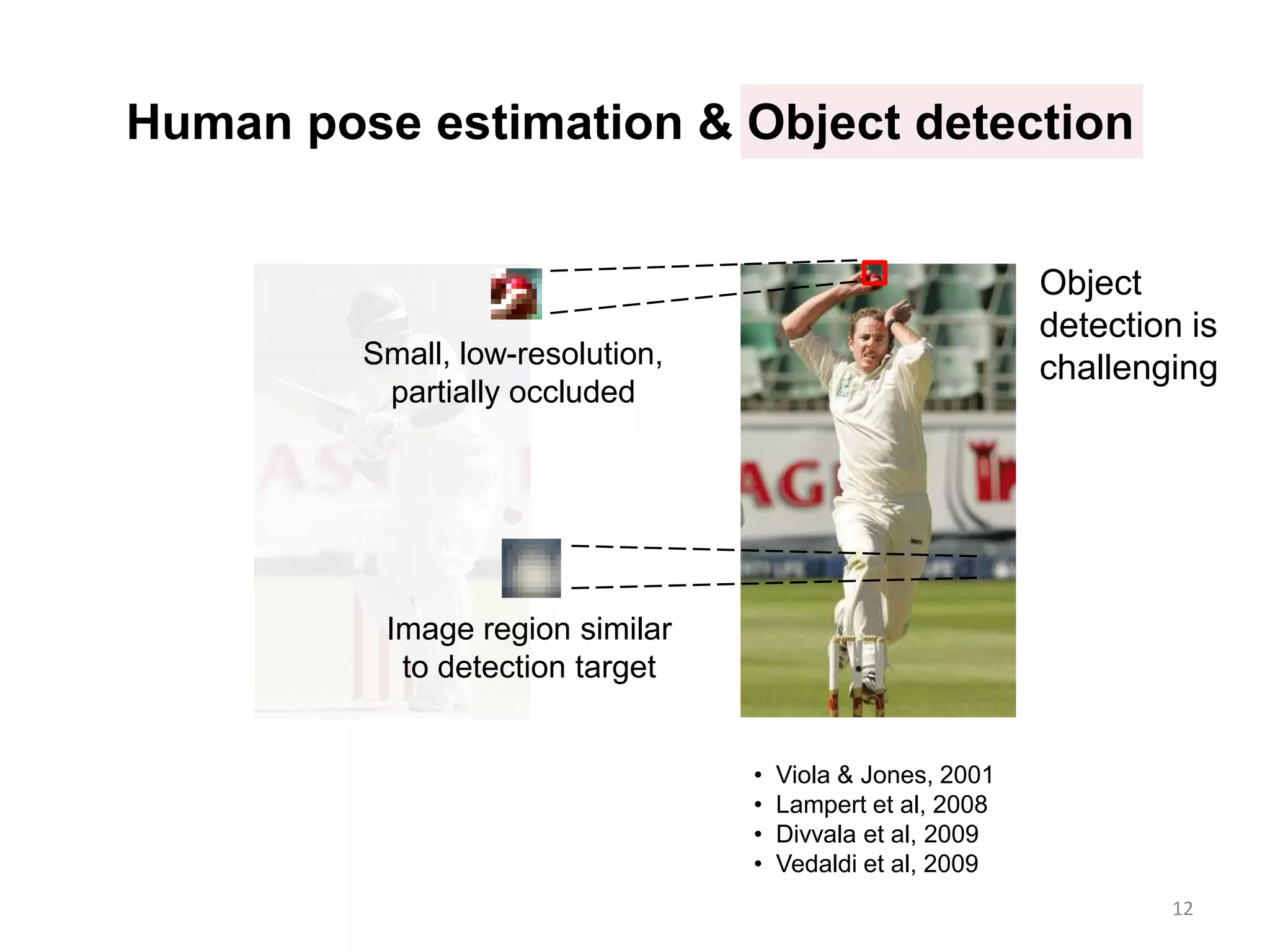 • Viola & Jones, 2001
• Lampert et al, 2008
• Divvala et al, 2009
• Vedaldi et al, 2009
Small, low-resolution,
partially occluded
Image region similar
to detection target
Human pose estimation & Object detection
12
Object
detection is
challenging
 