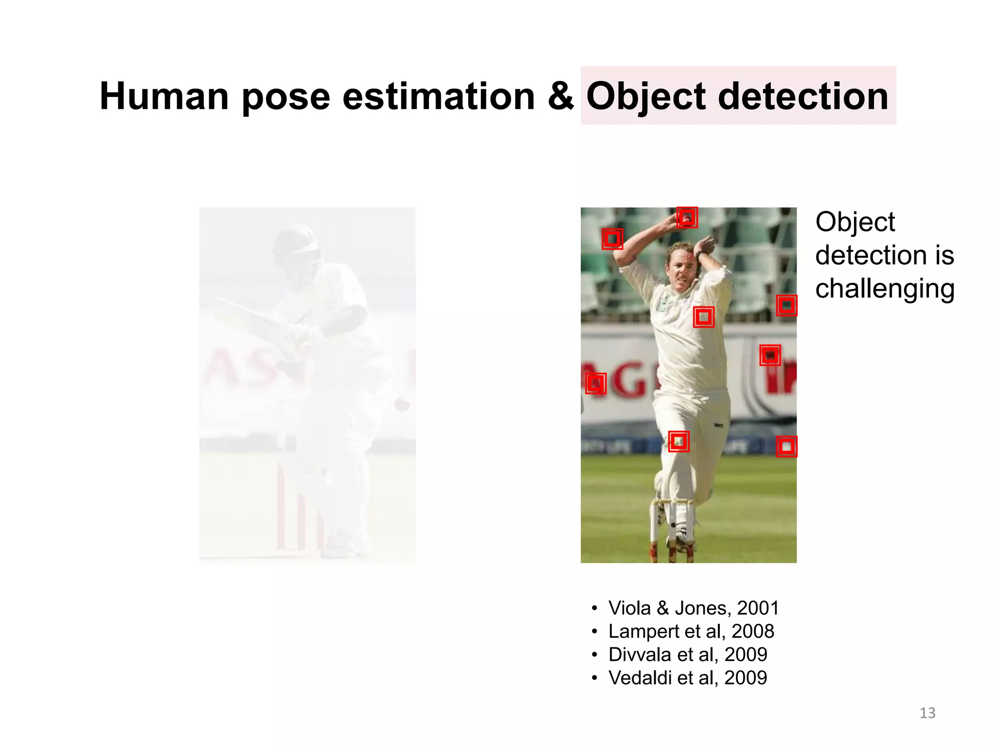 Human pose estimation & Object detection
13
Object
detection is
challenging
• Viola & Jones, 2001
• Lampert et al, 2008
• Divvala et al, 2009
• Vedaldi et al, 2009
 