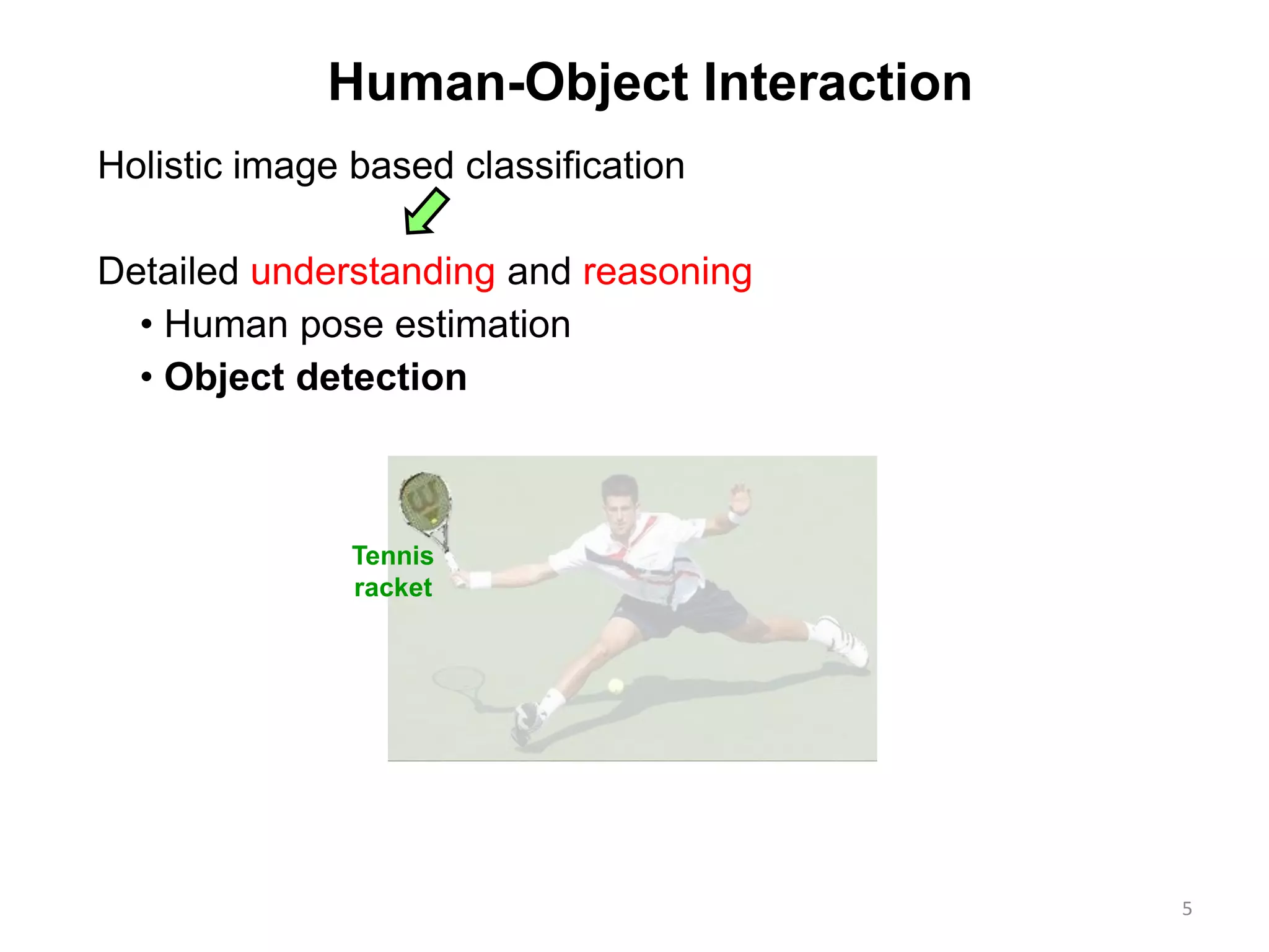 5
Human-Object Interaction
Tennis
racket
• Human pose estimation
Holistic image based classification
Detailed understanding and reasoning
• Object detection
 