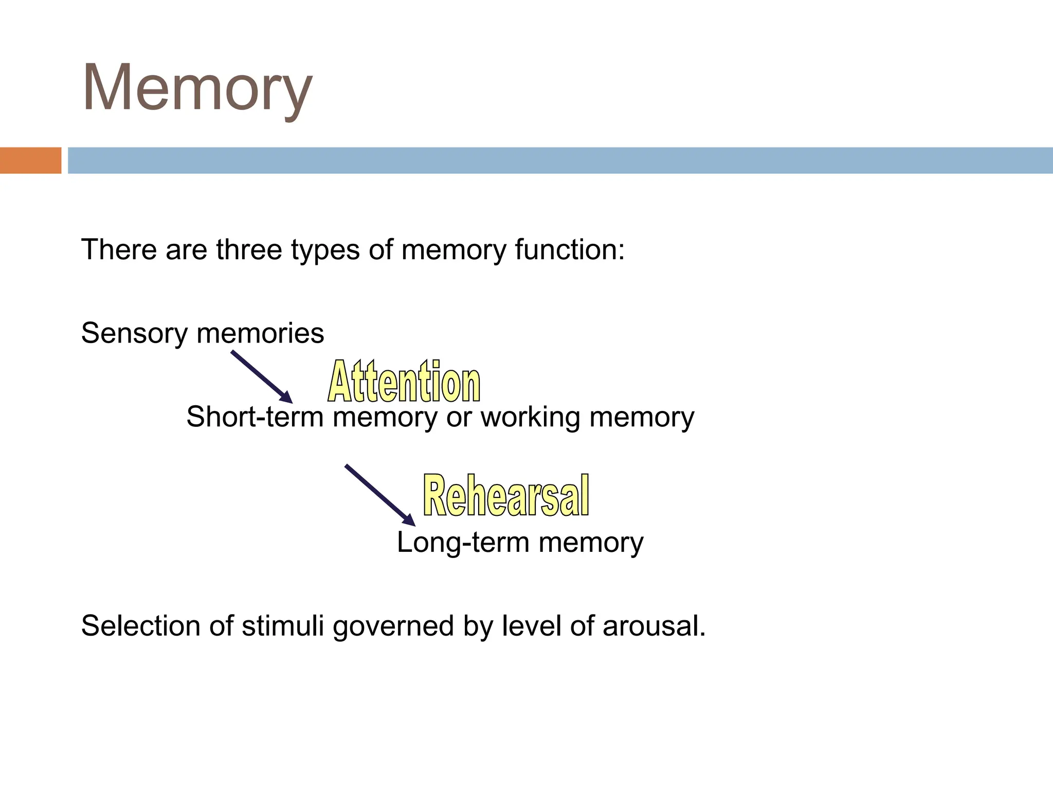 Memory
There are three types of memory function:
Sensory memories
Short-term memory or working memory
Long-term memory
Selection of stimuli governed by level of arousal.
 