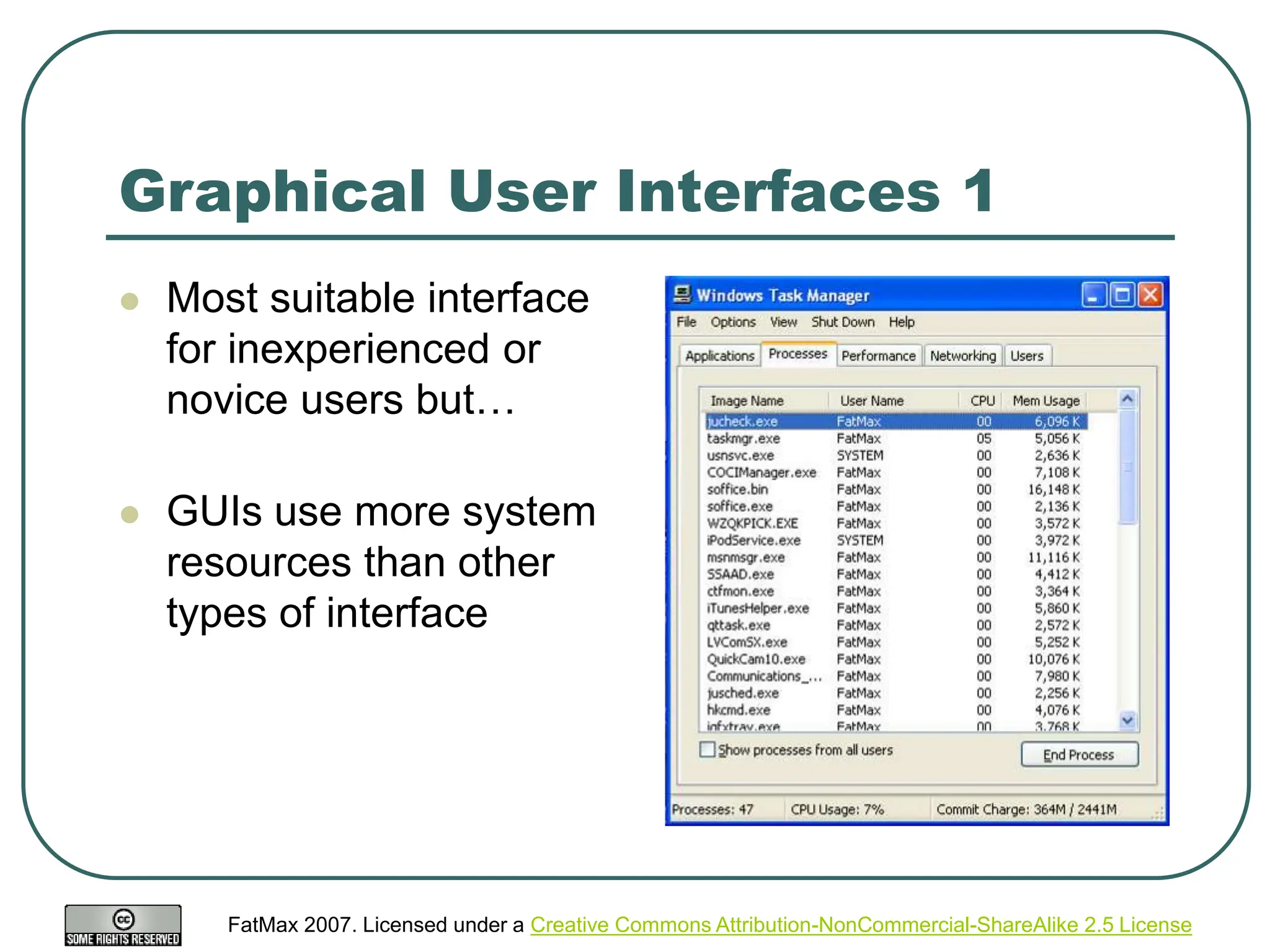 FatMax 2007. Licensed under a Creative Commons Attribution-NonCommercial-ShareAlike 2.5 License
Graphical User Interfaces 1
 Most suitable interface
for inexperienced or
novice users but…
 GUIs use more system
resources than other
types of interface
 
