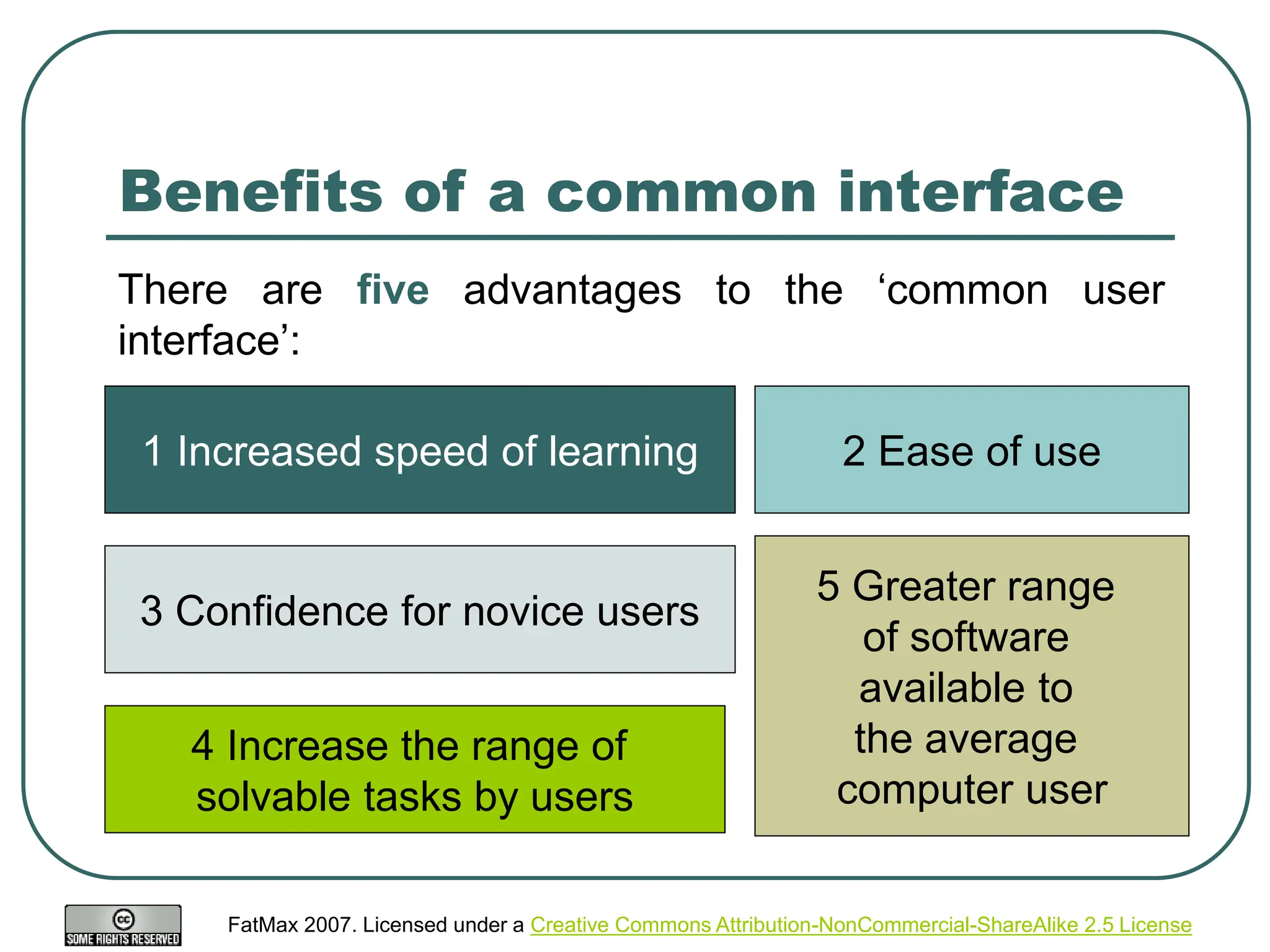 FatMax 2007. Licensed under a Creative Commons Attribution-NonCommercial-ShareAlike 2.5 License
Benefits of a common interface
1 Increased speed of learning 2 Ease of use
3 Confidence for novice users
4 Increase the range of
solvable tasks by users
5 Greater range
of software
available to
the average
computer user
There are five advantages to the ‘common user
interface’:
 