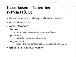 Issue-based information
system (IBIS)
• basis for much of design rationale research
• process-oriented
• main elements:
issues
– hierarchical structure with one ‘root’ issue
positions
– potential resolutions of an issue
arguments
– modify the relationship between positions and issues
• gIBIS is a graphical version
 