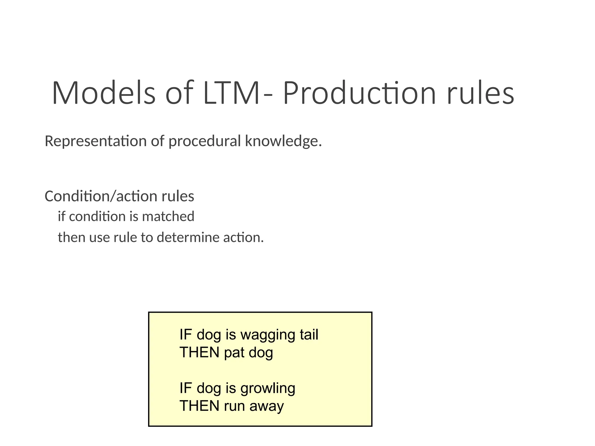 Models of LTM- Production rules
Representation of procedural knowledge.
Condition/action rules
if condition is matched
then use rule to determine action.
IF dog is wagging tail
THEN pat dog
IF dog is growling
THEN run away
 