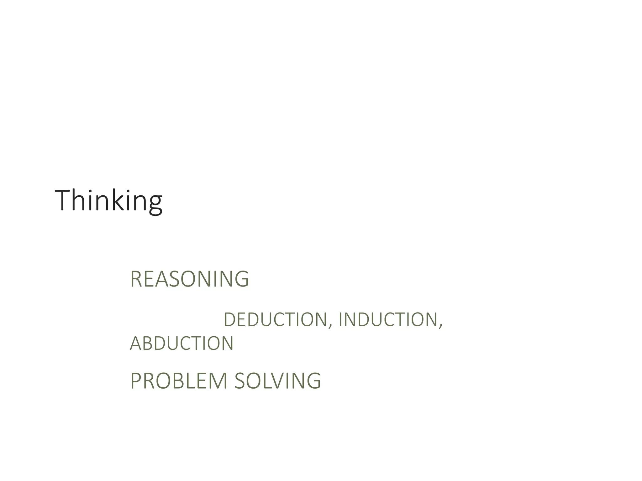 Thinking
REASONING
DEDUCTION, INDUCTION,
ABDUCTION
PROBLEM SOLVING
 