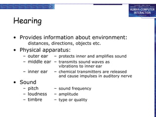 Hearing Provides information about environment: distances, directions, objects etc. Physical apparatus: outer ear – protects inner and amplifies sound middle ear – transmits sound waves as vibrations to inner   ear inner ear – chemical transmitters are released and cause impulses in auditory nerve Sound pitch – sound frequency loudness  – amplitude timbre – type or quality 