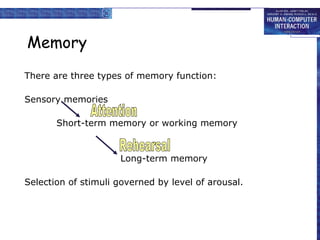 Memory <ul><li>There are three types of memory function: </li></ul><ul><li>Sensory memories </li></ul><ul><li>Short-term m...