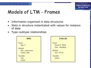 Models of LTM - Frames <ul><li>Information organized in data structures </li></ul><ul><li>Slots in structure instantiated ...