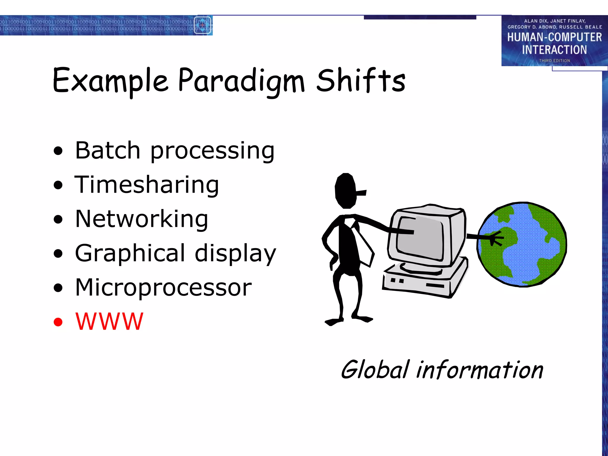 Example Paradigm Shifts Batch processing Timesharing Networking Graphical display Microprocessor WWW Global information 