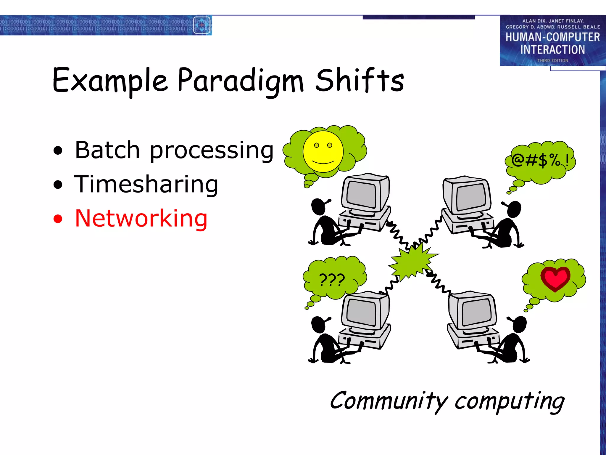 Example Paradigm Shifts Batch processing Timesharing Networking Community computing ??? @#$% ! 
