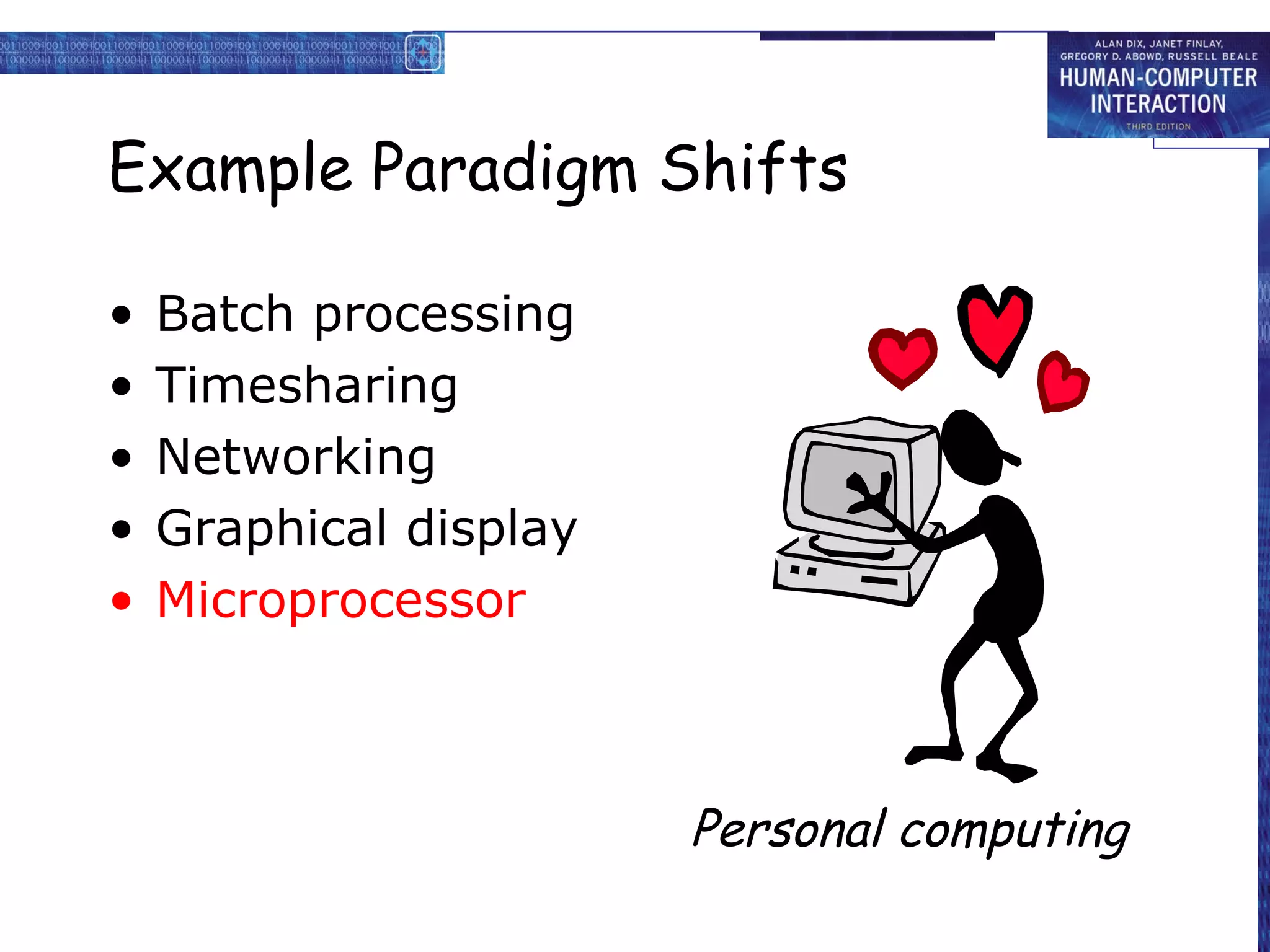 Example Paradigm Shifts Batch processing Timesharing Networking Graphical display Microprocessor Personal computing 