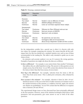 334 Chapter 9 n Evaluation techniques
for the independent variable, but a special case is when it is discrete with only
two values, for example comparing two systems. We cannot describe all the tech-
niques here; for this you should use a standard statistics text, such as one of those
recommended in the reading list. The table is only intended to guide you in your
choice of test.
An extensive and accurate analysis is no use if it answers the wrong question.
Examples of questions one might ask about the data are as follows:
Is there a difference? For example, is one system better than another? Techniques
that address this are called hypothesis testing. The answers to this question are not
simply yes/no, but of the form: ‘we are 99% certain that selection from menus of
five items is faster than that from menus of seven items’.
How big is the difference? For example, ‘selection from five items is 260 ms
faster than from seven items’. This is called point estimation, often obtained by
averages.
How accurate is the estimate? For example, ‘selection is faster by 260 ± 30 ms’.
Statistical answers to this are in the form of either measures of variation such as
the standard deviation of the estimate, or confidence intervals. Again, the answers
one obtains are probabilistic: ‘we are 95% certain that the difference in response
time is between 230 and 290 ms’.
The experimental design issues we have discussed have been principally addressed
at the first question. However, most of the statistical techniques listed above, both
parametric and non-parametric, give some answer to one or both of the other
questions.
Table 9.1 Choosing a statistical technique
Independent Dependent
variable variable
Parametric
Two valued Normal Student’s t test on difference of means
Discrete Normal ANOVA (ANalysis Of VAriance)
Continuous Normal Linear (or non-linear) regression factor analysis
Non-parametric
Two valued Continuous Wilcoxon (or Mann–Whitney) rank-sum test
Discrete Continuous Rank-sum versions of ANOVA
Continuous Continuous Spearman’s rank correlation
Contingency tests
Two valued Discrete No special test, see next entry
Discrete Discrete Contingency table and chi-squared test
Continuous Discrete (Rare) Group independent variable and then as above
rohan-links.blogspot.com
rohan-links.blogspot.com
 