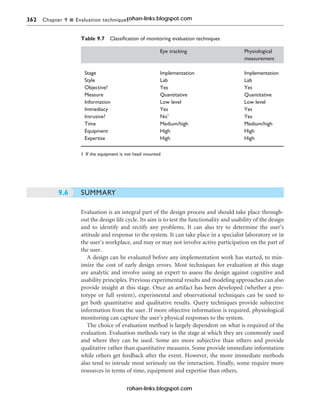 362 Chapter 9 n Evaluation techniques
SUMMARY
Evaluation is an integral part of the design process and should take place through-
out the design life cycle. Its aim is to test the functionality and usability of the design
and to identify and rectify any problems. It can also try to determine the user’s
attitude and response to the system. It can take place in a specialist laboratory or in
the user’s workplace, and may or may not involve active participation on the part of
the user.
A design can be evaluated before any implementation work has started, to min-
imize the cost of early design errors. Most techniques for evaluation at this stage
are analytic and involve using an expert to assess the design against cognitive and
usability principles. Previous experimental results and modeling approaches can also
provide insight at this stage. Once an artifact has been developed (whether a pro-
totype or full system), experimental and observational techniques can be used to
get both quantitative and qualitative results. Query techniques provide subjective
information from the user. If more objective information is required, physiological
monitoring can capture the user’s physical responses to the system.
The choice of evaluation method is largely dependent on what is required of the
evaluation. Evaluation methods vary in the stage at which they are commonly used
and where they can be used. Some are more subjective than others and provide
qualitative rather than quantitative measures. Some provide immediate information
while others get feedback after the event. However, the more immediate methods
also tend to intrude most seriously on the interaction. Finally, some require more
resources in terms of time, equipment and expertise than others.
9.6
Table 9.7 Classification of monitoring evaluation techniques
Eye tracking Physiological
measurement
Stage Implementation Implementation
Style Lab Lab
Objective? Yes Yes
Measure Quantitative Quantitative
Information Low level Low level
Immediacy Yes Yes
Intrusive? No1
Yes
Time Medium/high Medium/high
Equipment High High
Expertise High High
1 If the equipment is not head mounted
rohan-links.blogspot.com
rohan-links.blogspot.com
 