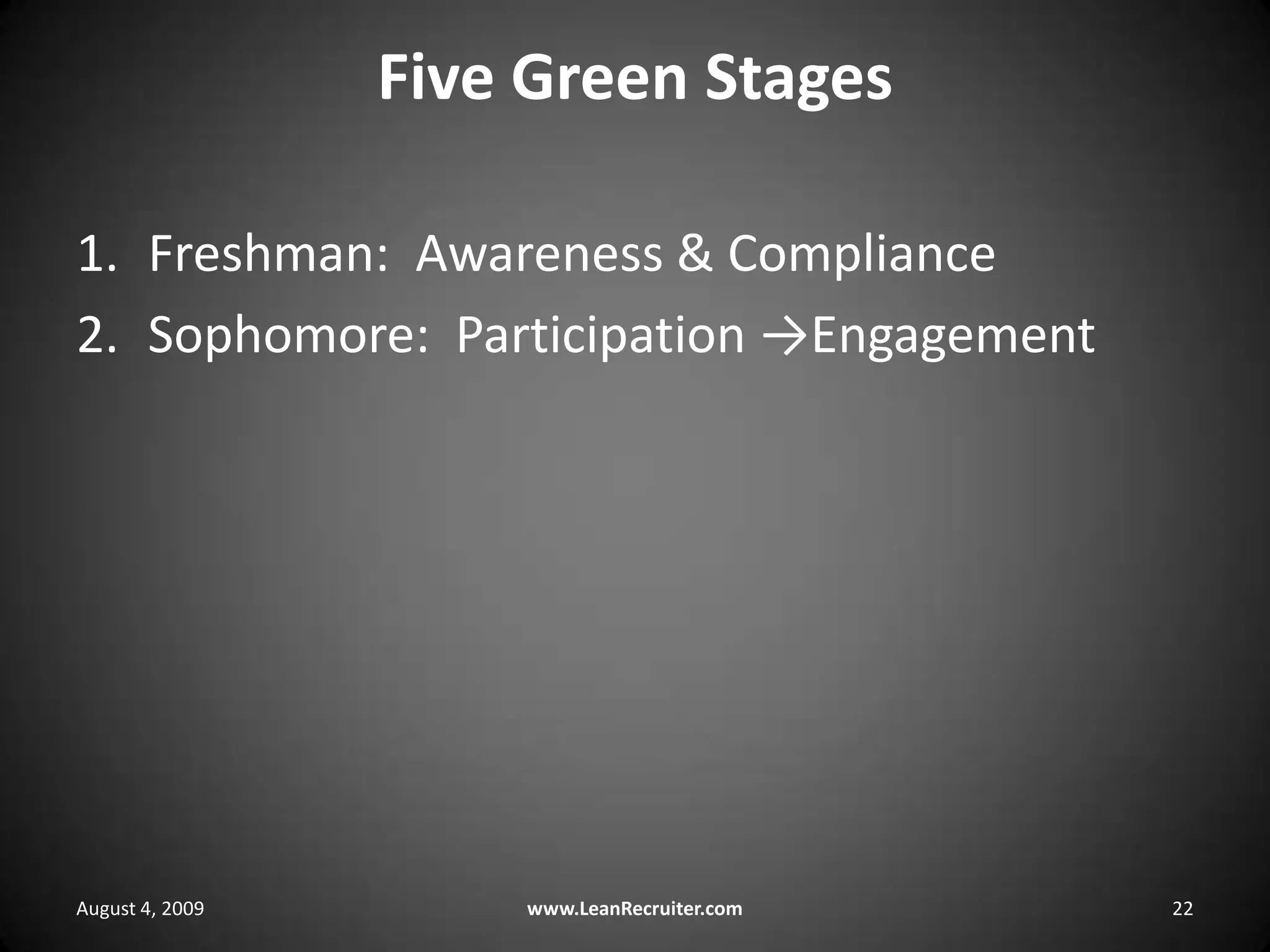 Five Green StagesFreshman:  Awareness & ComplianceSophomore:  Participation ->EngagementAugust 4, 2009www.LeanRecruiter.com 22