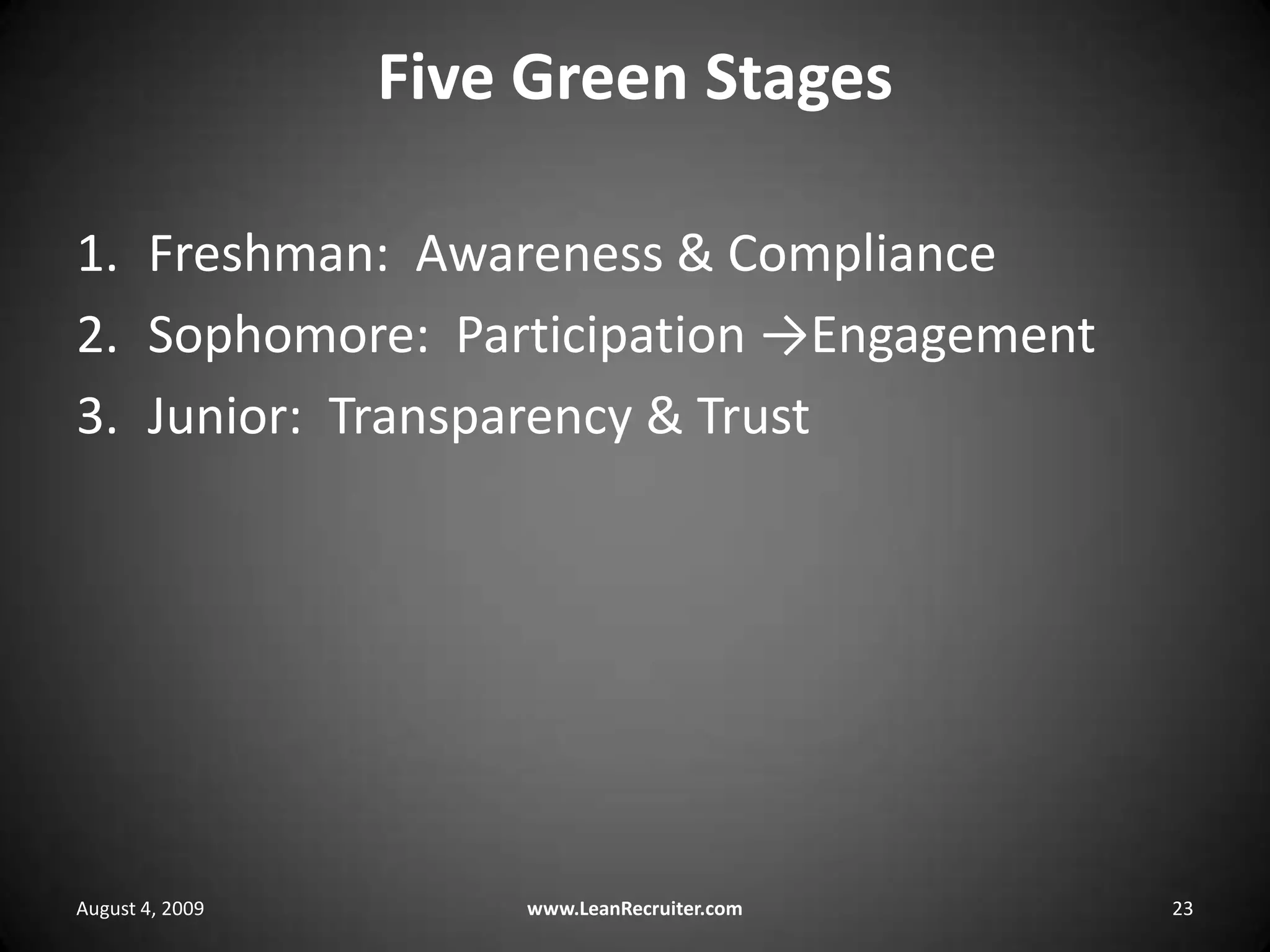Five Green StagesFreshman:  Awareness & ComplianceSophomore:  Participation ->EngagementJunior:  Transparency & TrustAugust 4, 2009www.LeanRecruiter.com 23