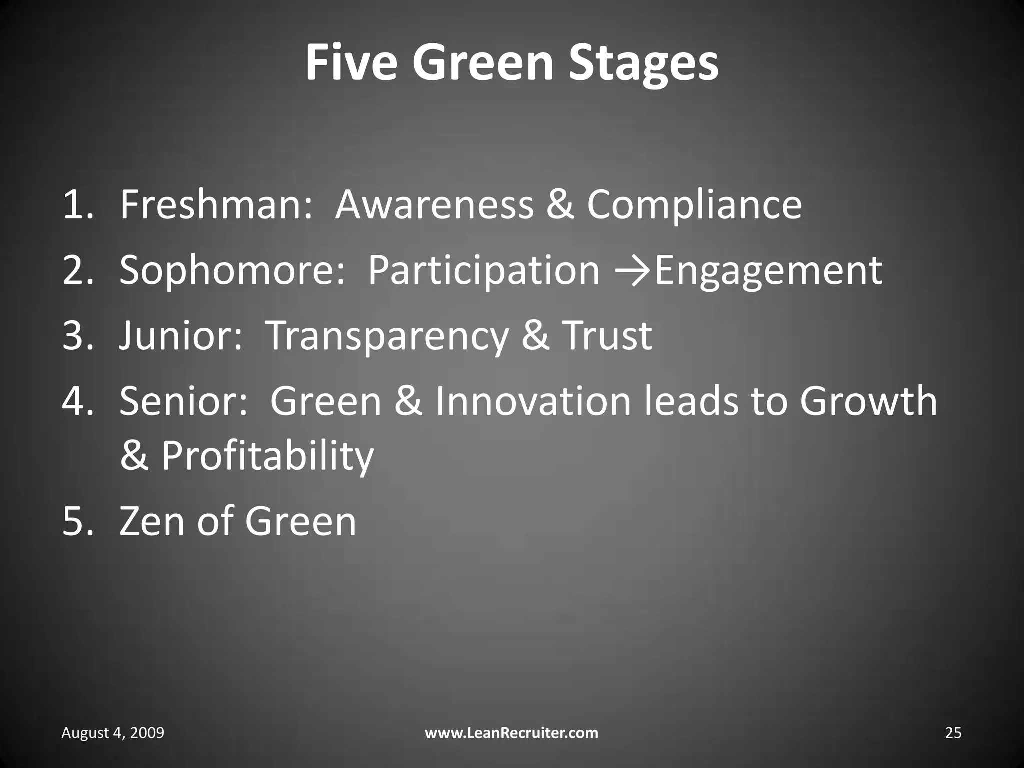 Five Green StagesFreshman:  Awareness & ComplianceSophomore:  Participation ->EngagementJunior:  Transparency & TrustSenior:  Green & Innovation leads to Growth & ProfitabilityZen of GreenAugust 4, 2009www.LeanRecruiter.com 25