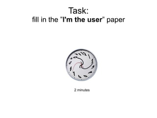Task:
fill in the ”I'm the user” paper




              2 minutes
 