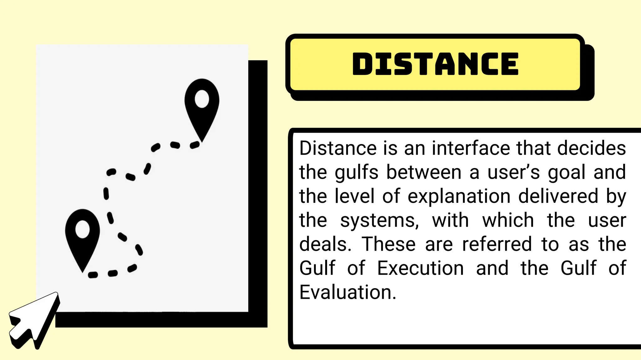 Distance
Distance is an interface that decides
the gulfs between a user’s goal and
the level of explanation delivered by
the systems, with which the user
deals. These are referred to as the
Gulf of Execution and the Gulf of
Evaluation.
 