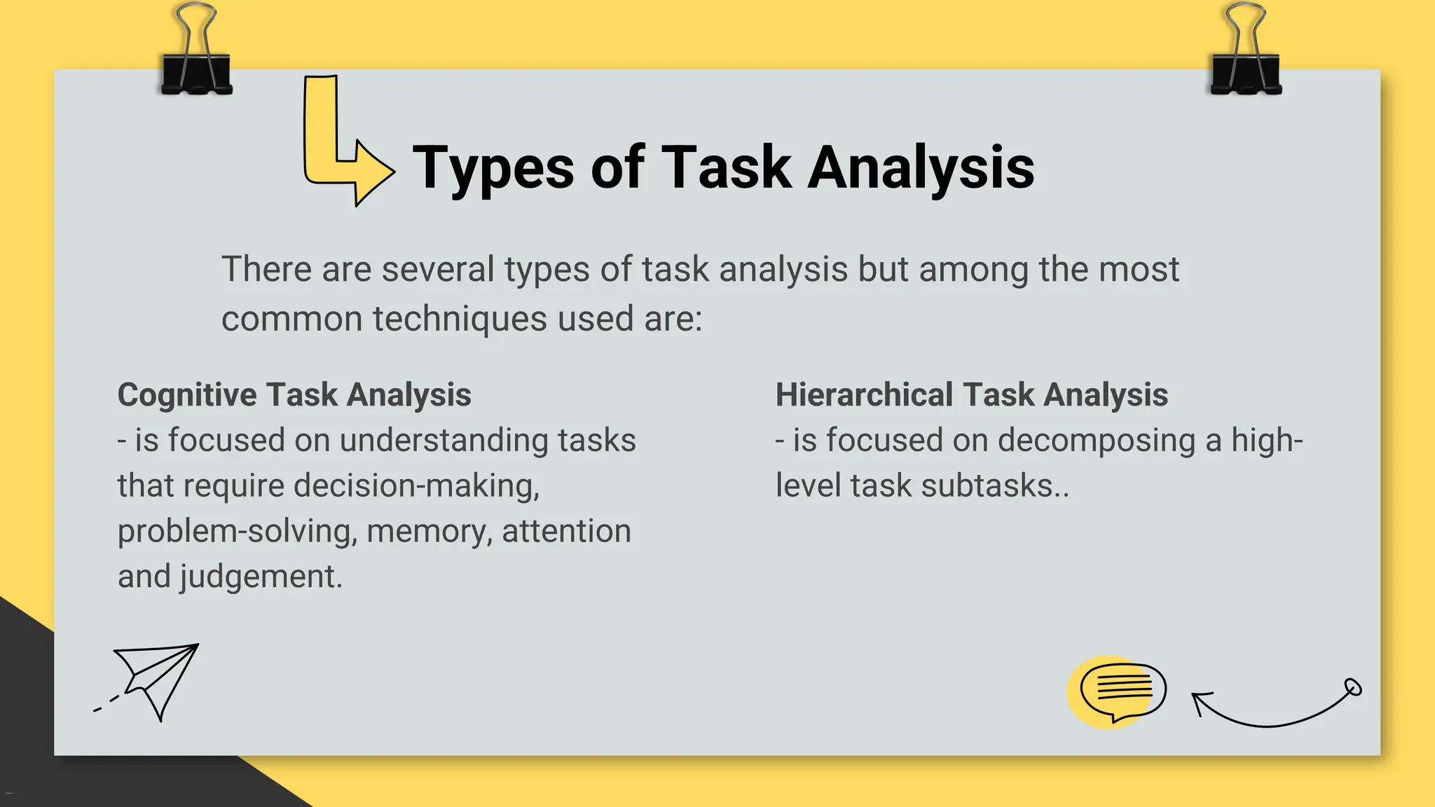 Types of Task Analysis
Hierarchical Task Analysis
- is focused on decomposing a high-
level task subtasks..
Cognitive Task Analysis
- is focused on understanding tasks
that require decision-making,
problem-solving, memory, attention
and judgement.
There are several types of task analysis but among the most
common techniques used are:
 